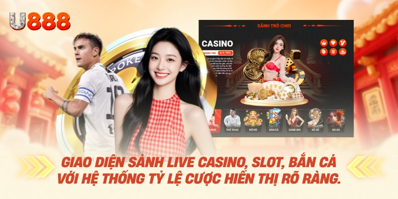 Trang Chủ U88 Chính Thức 2026 17 Giao diện sảnh Live Casino, slot, bắn cá với hệ thống tỷ lệ cược hiển thị rõ ràng.